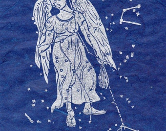 Virgo Constellation Linocut in Silver on Blue - Constellations of the Zodiac Lino Block Print Collection - Virgo Star Map
