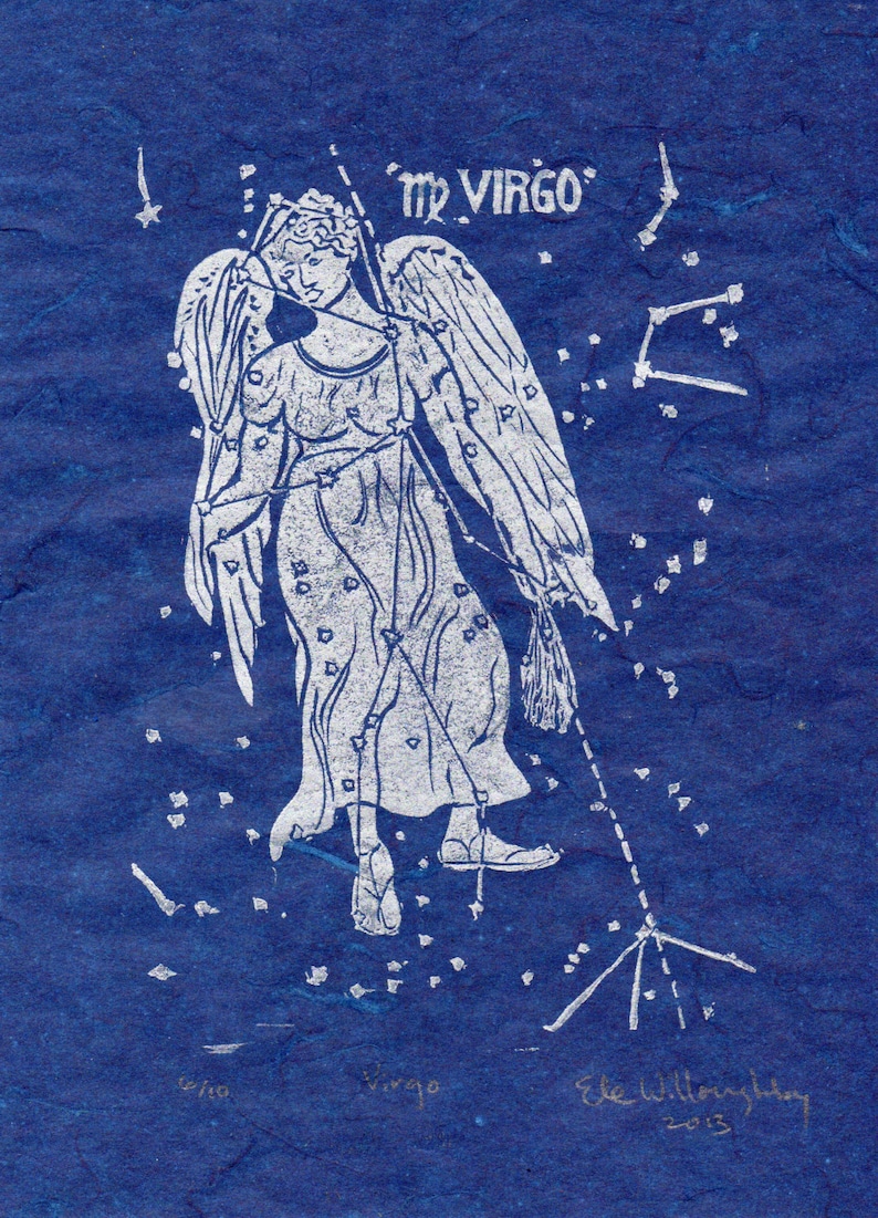 Virgo Constellation Linocut in Silver on Blue Constellations of the Zodiac Lino Block Print Collection Virgo Star Map image 1