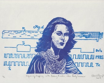 Hedy Lamarr Inventor of Frequency Hopping Spread Spectrum Linocut Portrait, Woman Scientist, Inventor and Hollywood Star Print Portrait