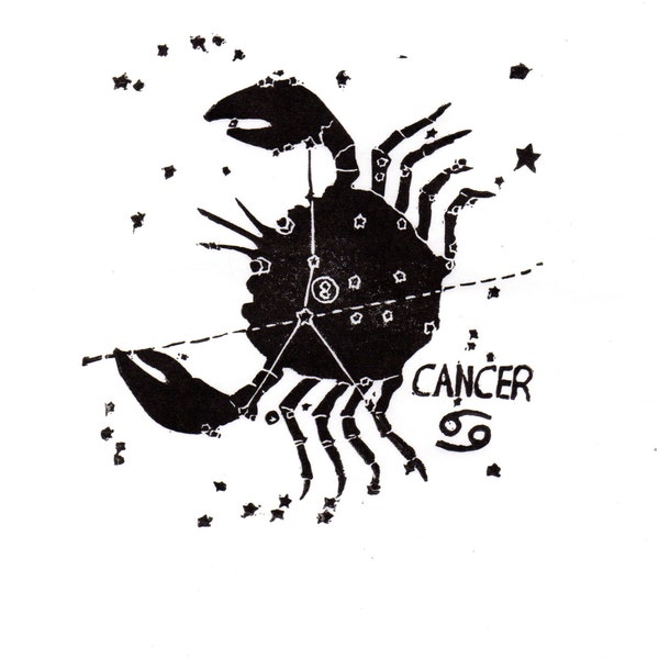 Cancer Constellation Linocut in Black and White - Constellations of the Zodiac Lino Block Print Collection - Cancer the Crab