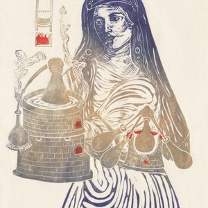 Linocut Mary the Jewess, Mother of Alchemy, Miriam Hebraea, Maria Prophetissa, Chemistry Trailblazer, Historical Woman in Science Print image 5