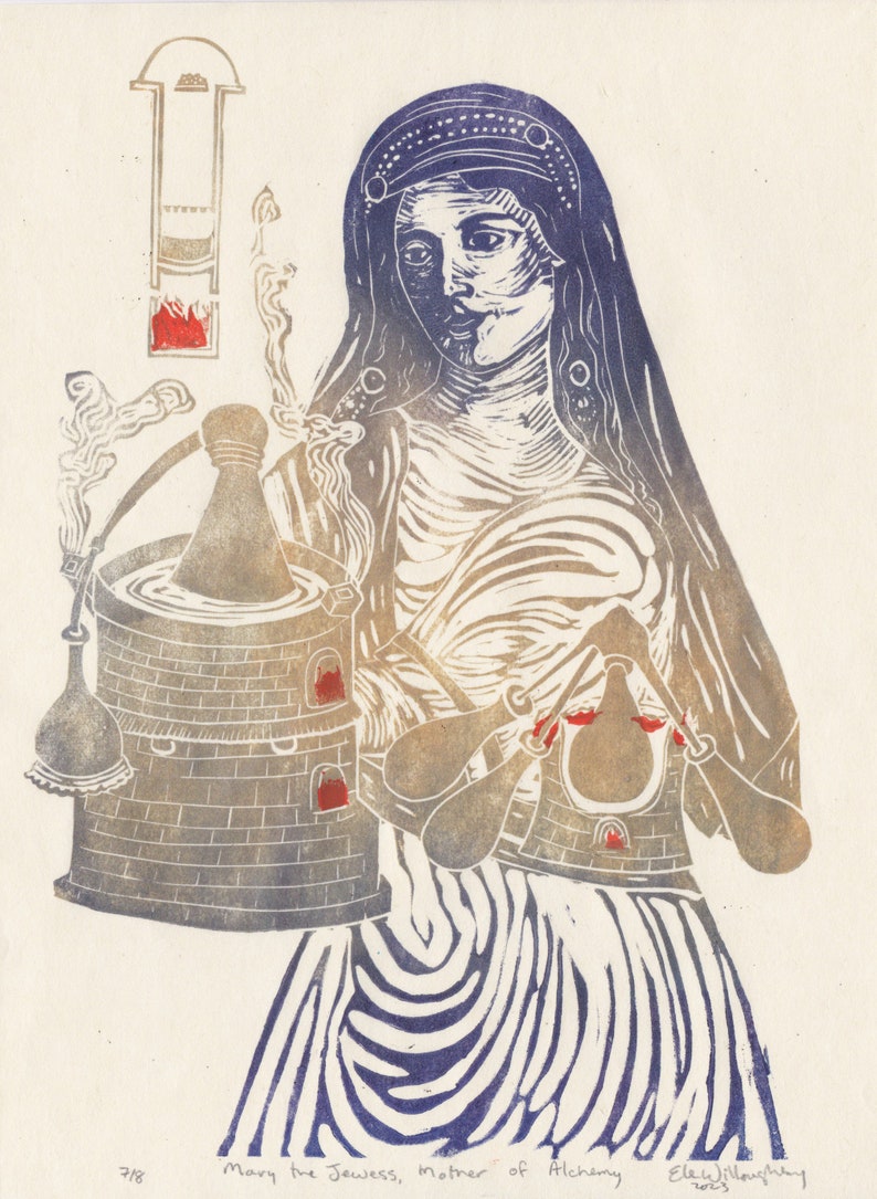 Linocut Mary the Jewess, Mother of Alchemy, Miriam Hebraea, Maria Prophetissa, Chemistry Trailblazer, Historical Woman in Science Print image 5