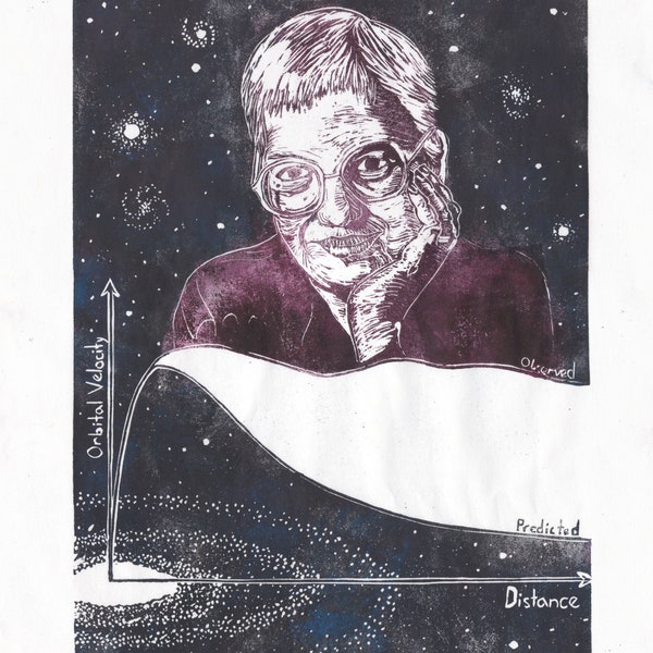 Lino Block Portrait of Astronomer Vera Rubin, Woman in Science, Dark Matter