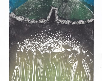 The Sídhe, Lino block print of the Fair Folk, the People of the Mounds of Irish Folklore