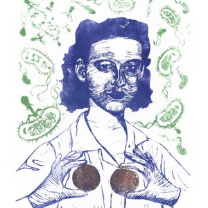May include: A blue and green print depicting a woman in a lab coat holding two petri dishes. The print features green bacteria illustrations and the text "Esther Lederberg" and "Ela Willoughby 2026".