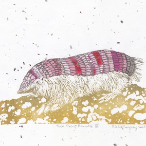 Pink Fairy Armadillo Linocut Print on Japanese Washi Paper