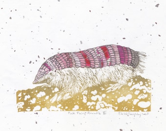 Pink Fairy Armadillo Print on Beautiful Japanese Papers, World's Smallest Armadillo, Pichiciego