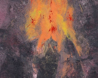 Walpurgisnacht Bonfire Monoprint - One of a Kind Original Gel Plate Print of a Fire on Witches' Night, Walpurgis, May Eve