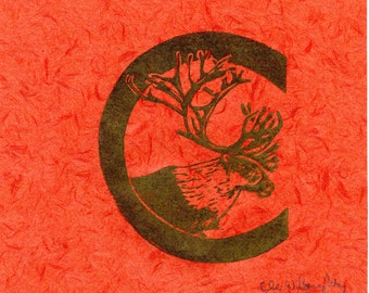 Caribou C Monogram Print, Alphabet Typographical Lino Block Print, Reindeer or Cariboo