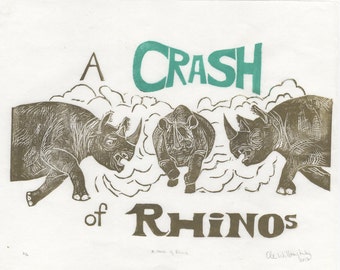 A Crash of  Rhinos Print, Terms of Venery Collective Nouns for Animals Collection, Rhinoceros with Typography
