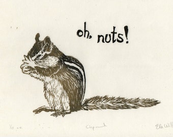 Oh nuts Chipmunk Print, Typography, Humour, Cute Chipmunk Lino Block Print