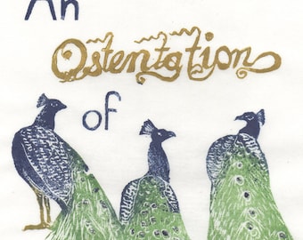 An Prunk der Pfauen Linoldruck, Terminus of Venery, Sammelbegriff für Tiere, Vögel, Typografie & Pfauen Linoldruck