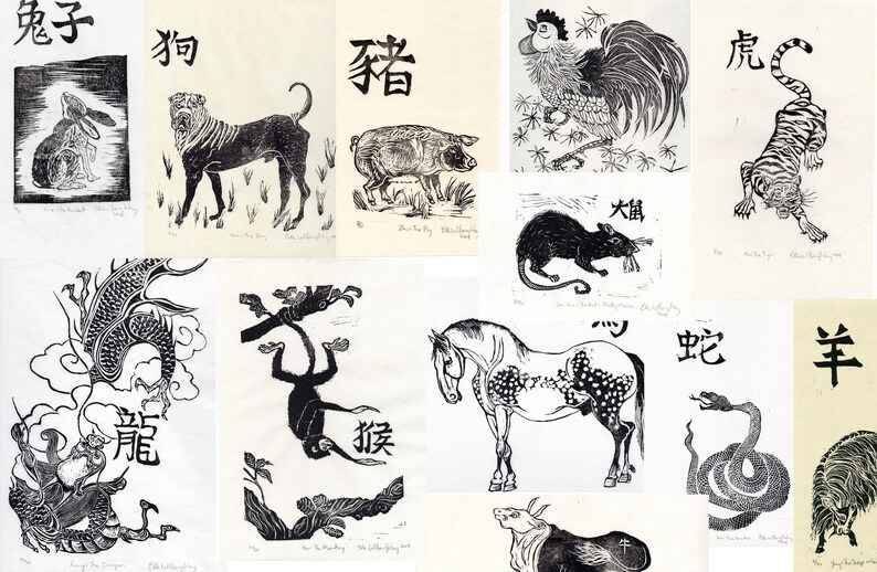 May include: A collection of 12 black and white woodblock prints depicting the Chinese zodiac animals. Each print features a different animal, including the rat, ox, tiger, rabbit, dragon, snake, horse, goat, monkey, rooster, dog, and pig. The prints are framed in white and have a simple, elegant design.