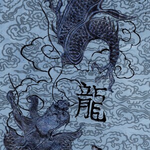 May include: A blue and black ink drawing of two dragons on a blue background with a cloud pattern. The word "龍" is written in black ink in the center of the image.