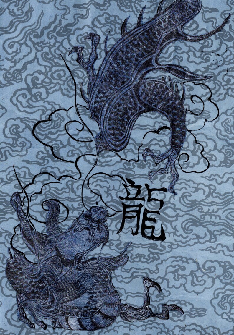 May include: A blue and black ink drawing of two dragons on a blue background with a cloud pattern. The word "龍" is written in black ink in the center of the image.