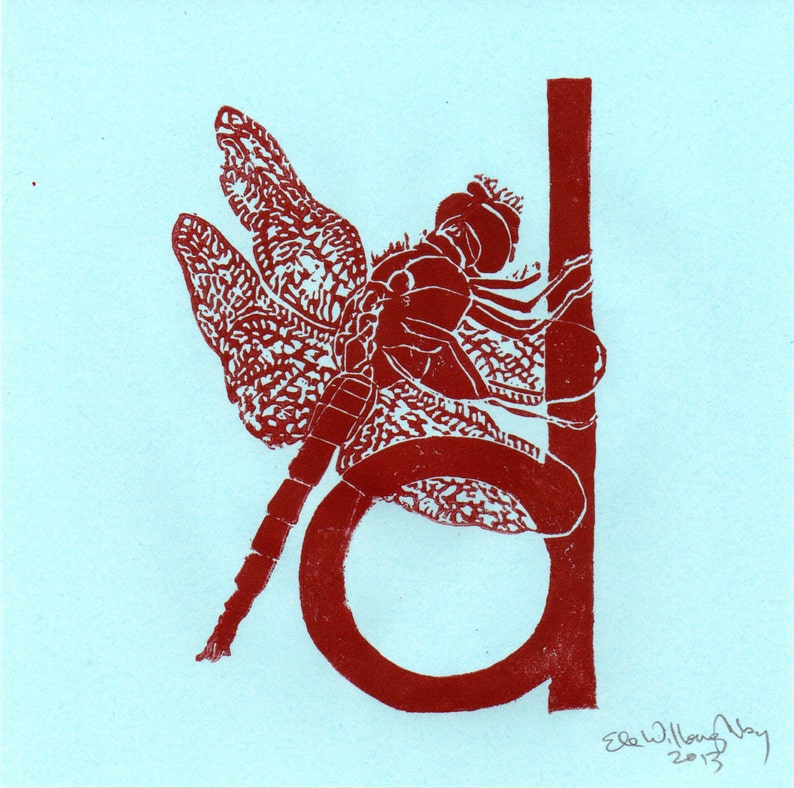 Dragonfly D Monogram Print, Alphabet Typographic Lino Block Print, Dragonfly, Damselfly, Insect image 5