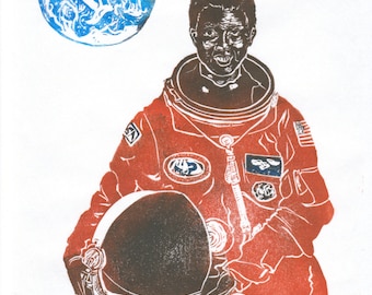 Astronaut Mae Jemison Portrait, Women in STEM, Lino Block Scientist Print, NASA and American Astronaut