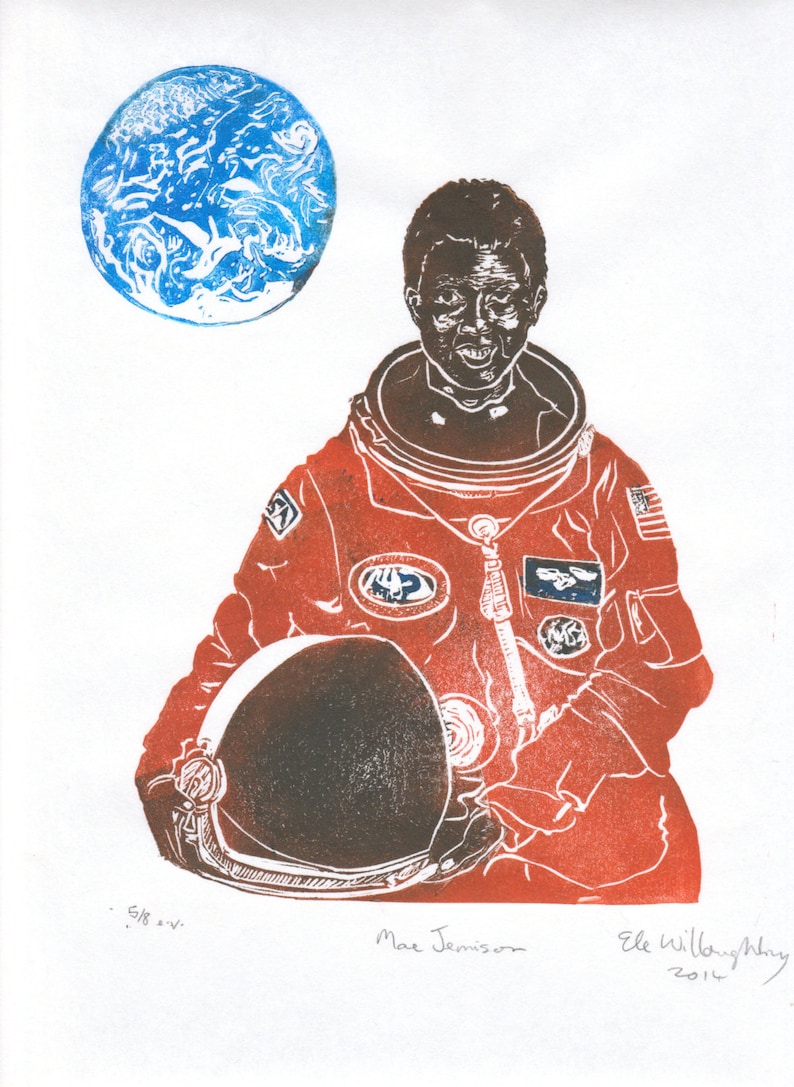 Astronaut Mae Jemison Portrait, Women in STEM, Lino Block Scientist Print, NASA and American Astronaut image 1