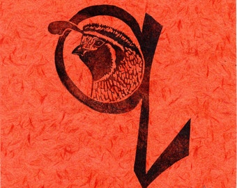 Quail Q Monogram Print, Alphabet Typographical Lino Block Print, California Quail