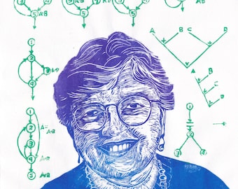 Linocut portrait of trailblazer in computer science Frances Allen, woman in STEM