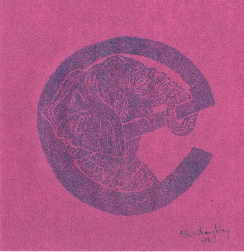 Elephant e Monogram Linocut, Alphabet Typographic Lino Block Print with Animal, E is for Elephant, Nursery Art, Kid's Illustration image 1