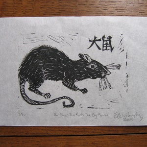 Da shu, The Rat, The Big Mouse Print, Chinese Zodiac, Black and White Lino Block Print image 5