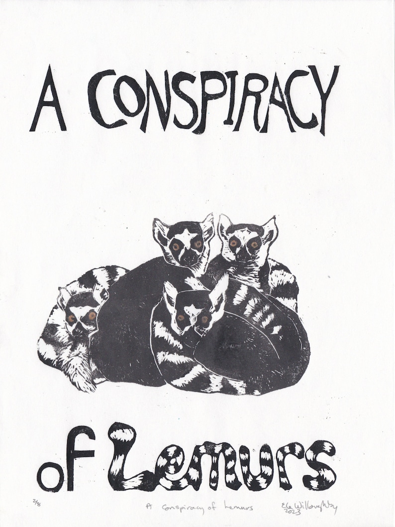 A Conspiracy of Lemurs Linocut, Terms of Venery, Collective Noun for Animals, Ring-tailed Lemur Lino Block Print image 5