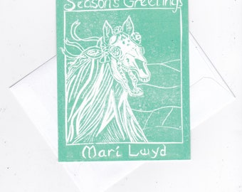 Mari Lwyd Cards - Printed Set of 5 Cards with Images of My Linocut of the Welsh Wassaling Folk Tradition Hobby Horse