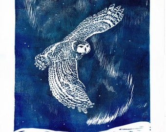 Snowy Owl and Aurora Lino Block Print - Owl with Northern Lights