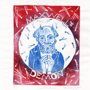 Maxwell's Demon Print, Imaginary Friends of Science Lino Block Print Collection, James Clerk Maxwell, Physics Daemon