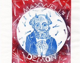 Maxwell's Demon Print, Imaginary Friends of Science Lino Block Print Collection, James Clerk Maxwell, Physics Daemon