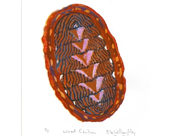 May include: An abstract painting of a lined chiton, featuring a brown, orange, and blue color palette. The artwork includes a central design with brown and pink shapes, surrounded by a textured border. The text "Lined Chiton" and the artist's name are visible.