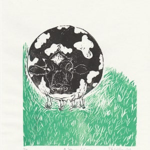 Spherical Cow Print, Imaginary Friends of Science Collection, Proverbial Spherical Cow of Physics, Lino Block Print