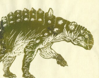 Euoplocephalus linocut, Hard-headed Vegetarian Dinosaur Lino Block Print Ankylosaur Euoplocephalus DinosaurArt Print