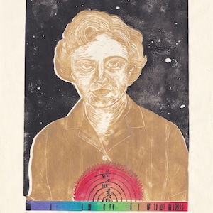 May include: A gold and black linocut print of Margaret Burbidge, an astronomer, with a red and orange spectrum behind her. The print is signed "E. Willoughby 2005" and "Margaret Burbidge".