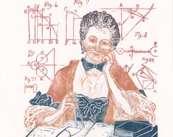 Émilie du Châtelet Lino Block Portrait, Natural Philosopher, Mathematician, Physicist, Women in Science