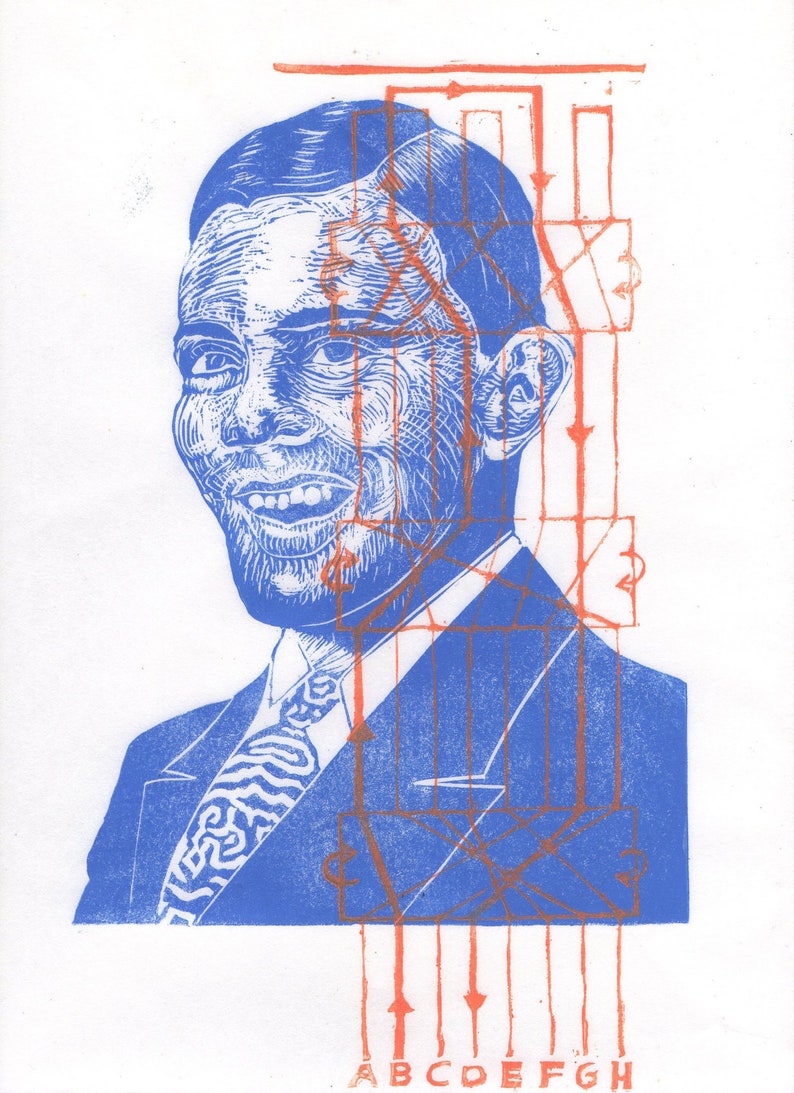 Linocut portrait of Alan Turing and the Enigma machine, History of Science Lino Block Portrait, Computer Science, Cryptography, Alan Turing image 2