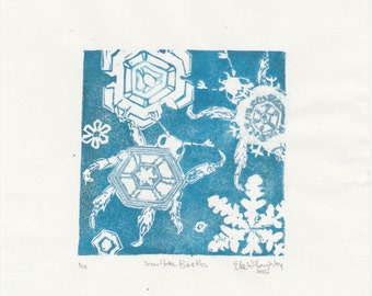 The Snowflake Beetles Mini Print, linocut imaginary miniscule beetle camouflaged as snow flake, Crypozoology Lino Block Print