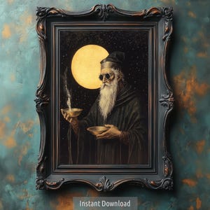 Alchemist Mond Digitaldruck | Mystischer Kunstmagier | Okkulte Möbel | Alchemistische Illustration | Gothic Hexerei Fantasie