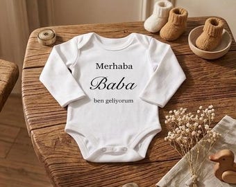 Personalized Baby Bodysuit Pregnancy Announcement – Baba ben geliyorum – Baby Outfit, Gift for Expectant Father, Baby Reveal, Dad
