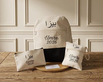 Personalized Umrah travel set – backpack, shoulder bag & case with desired name in Arabic script – gift for the pilgrimage
