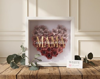 Personalized 3D picture frame "MAMA" with paper roses – heart design – individual gift with child's name – Mother's Day gift