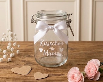 Kisses for Mom | Glass Gift for Mother's Day | Personalized Chocolate Jar Gift with White Ribbon | Gift for Mom |