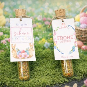 Op de afbeelding: Twee glazen buisjes met kurken stoppen, gevuld met kleurrijke korrels, elk met een label met de tekst "Schöne Ostern" en "Frohe Ostern". De achtergrond toont een mand met paaseieren, bloemen en een gele konijn.