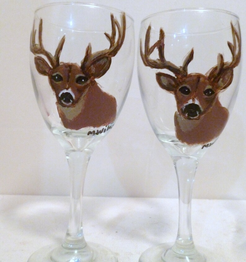 Hand Painted Deer Buck Wine Glasses Set of 2 Wildlife by Mary Etsy