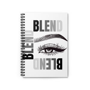 May include: A white spiral notebook with a black and white illustration of an eye with the word "BLEND" repeated three times in black, gray, and white.