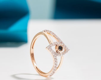 Anillo infinito de diamantes en oro rosa de 14K y 18K con anillo de un solo ojo negro / anillo de apilamiento delicado de oro macizo con diamante