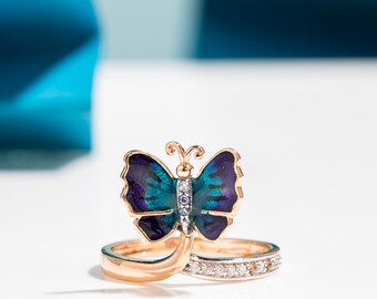 Prismatic Blue Schmetterling 14K & 18K Gold Statement Ring