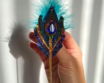 Peacock Feather Brooch. Embroidered with sequins, rhinestones, and crystals. Handmade.