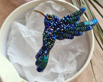 Blue Hummingbird brooch hand-embroidered from beads, crystals, sequins. An elegant brooch as a gift for a woman. Unique Hummingbird brooch.